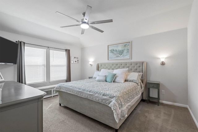 bedroom featuring vaulted ceiling, carpet, a ceiling fan, and baseboards