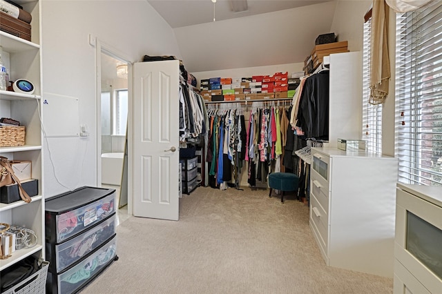 spacious closet with vaulted ceiling, light colored carpet, and ceiling fan