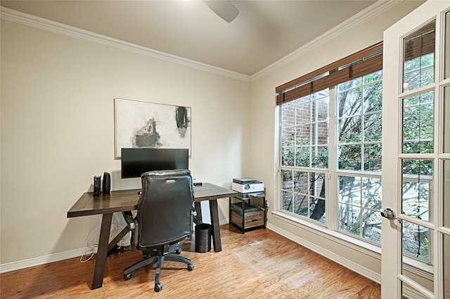 home office featuring crown molding and light wood-type flooring