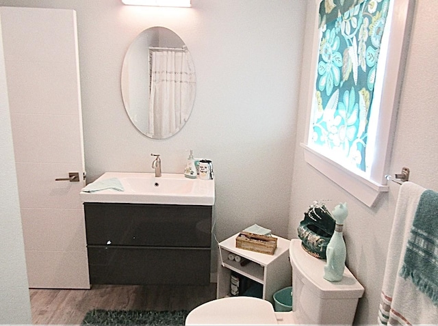 bathroom featuring vanity, wood-type flooring, and toilet