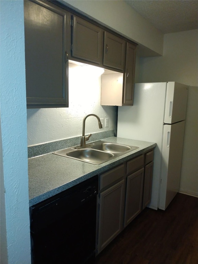 kitchen featuring dark hardwood / wood-style floors, dishwasher, sink, and white fridge