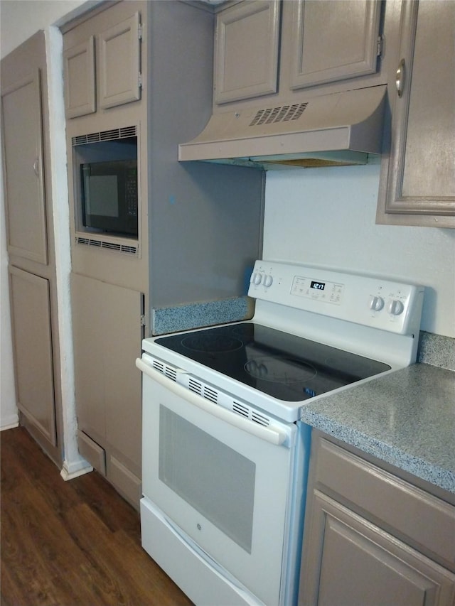 kitchen featuring black microwave, gray cabinetry, electric range, and dark hardwood / wood-style flooring