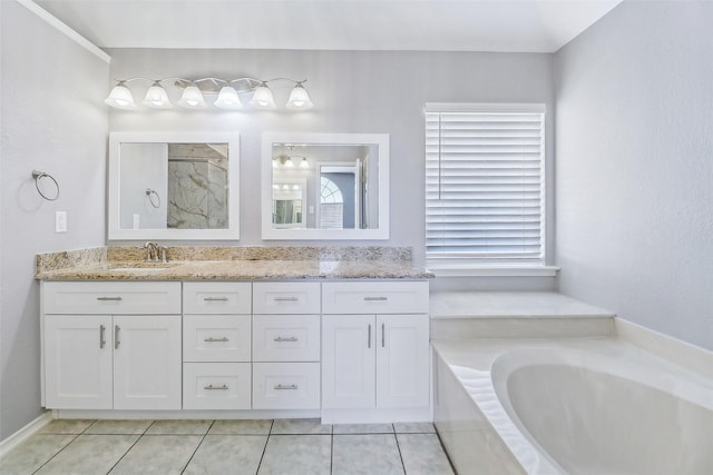 bathroom featuring vanity, tile patterned floors, and plus walk in shower