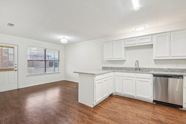 kitchen featuring white cabinetry, dark wood-type flooring, stainless steel dishwasher, and kitchen peninsula