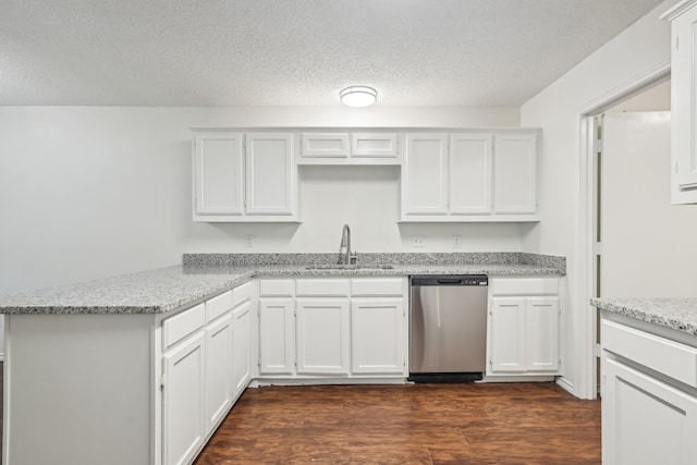 kitchen with sink, dark wood-type flooring, white cabinetry, a textured ceiling, and stainless steel dishwasher