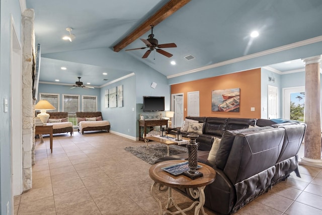 living room featuring decorative columns, a healthy amount of sunlight, vaulted ceiling with beams, and ceiling fan