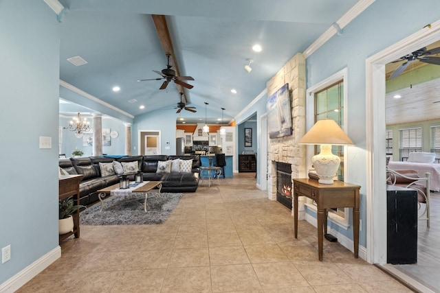 living room with crown molding, a fireplace, light tile patterned flooring, and vaulted ceiling with beams