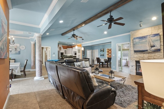 tiled living room featuring a stone fireplace, vaulted ceiling with beams, crown molding, ceiling fan, and decorative columns