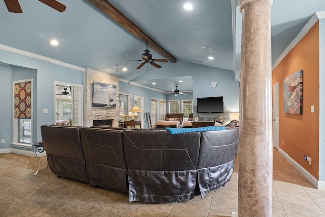 living room featuring vaulted ceiling with beams, crown molding, a fireplace, and light tile patterned floors