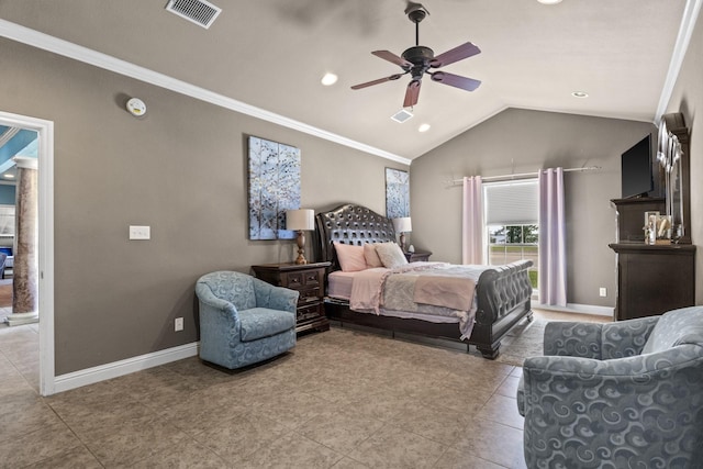 tiled bedroom with crown molding, vaulted ceiling, and ceiling fan