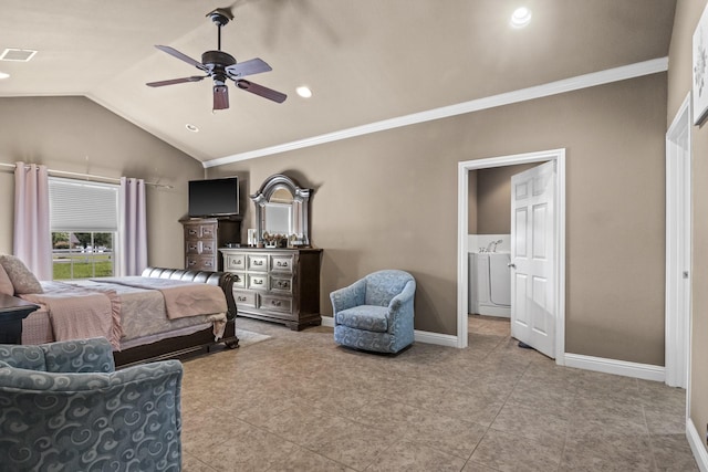 tiled bedroom featuring lofted ceiling, washer / clothes dryer, crown molding, and ceiling fan