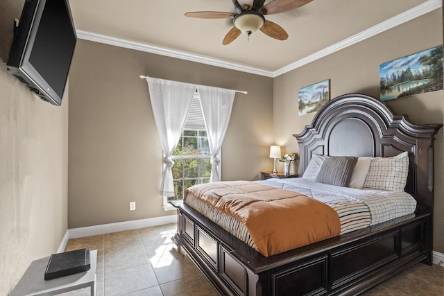 bedroom with ceiling fan, ornamental molding, and tile patterned flooring