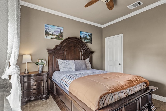 tiled bedroom with crown molding and ceiling fan