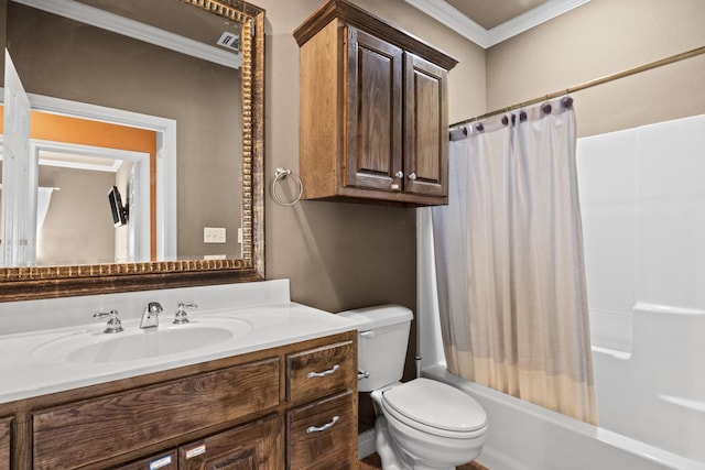 full bathroom with vanity, ornamental molding, shower / bath combination with curtain, and toilet