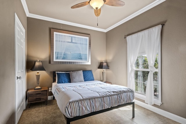 tiled bedroom featuring ceiling fan and ornamental molding