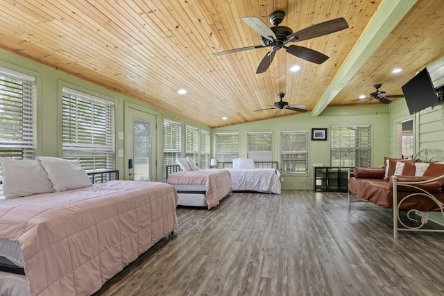 bedroom with lofted ceiling with beams, access to exterior, ceiling fan, wood ceiling, and dark wood-type flooring