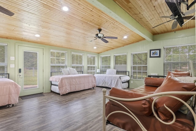 bedroom with wood-type flooring, vaulted ceiling with beams, access to outside, wood ceiling, and ceiling fan