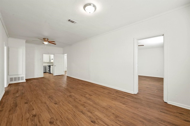 unfurnished living room with dark hardwood / wood-style floors and ceiling fan