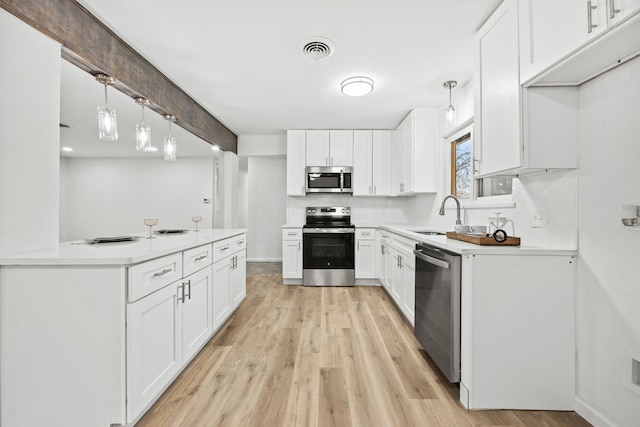 kitchen with sink, light hardwood / wood-style flooring, appliances with stainless steel finishes, white cabinets, and decorative light fixtures