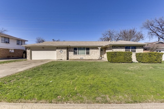 single story home featuring an attached garage, concrete driveway, brick siding, and a front yard