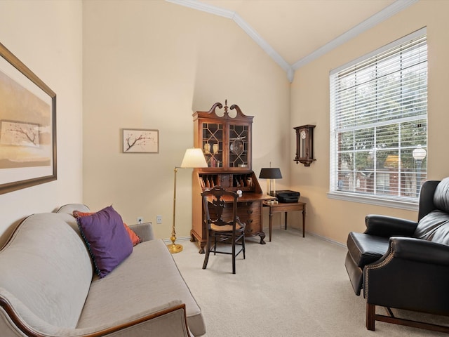 carpeted office featuring crown molding and vaulted ceiling