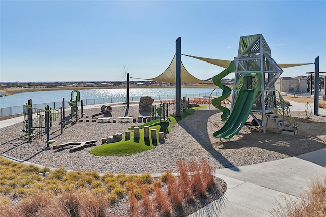 view of play area with a water view