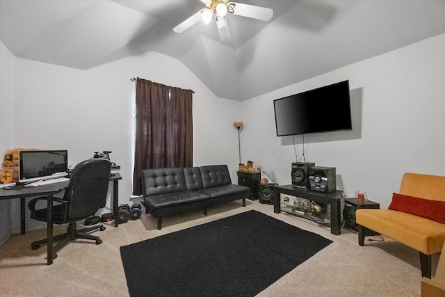 home office with lofted ceiling, light colored carpet, and ceiling fan