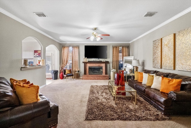 living room featuring ceiling fan, ornamental molding, and carpet