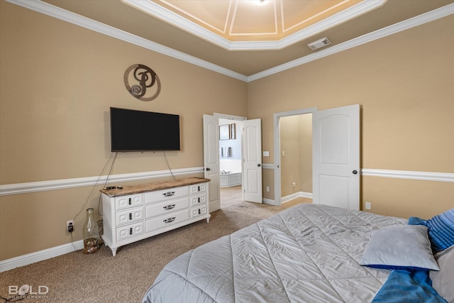 bedroom featuring crown molding, light colored carpet, and a raised ceiling