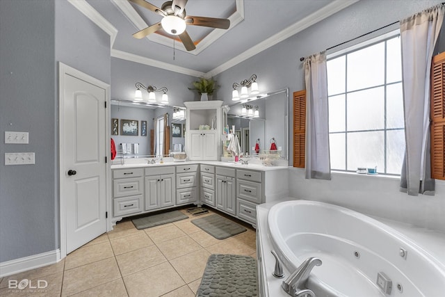 bathroom featuring crown molding, vanity, a bath, plenty of natural light, and tile patterned flooring