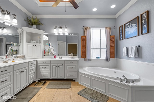 bathroom featuring ornamental molding, vanity, a washtub, ceiling fan, and tile patterned floors