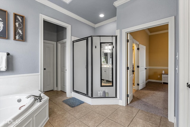 bathroom featuring crown molding, tile patterned floors, and plus walk in shower