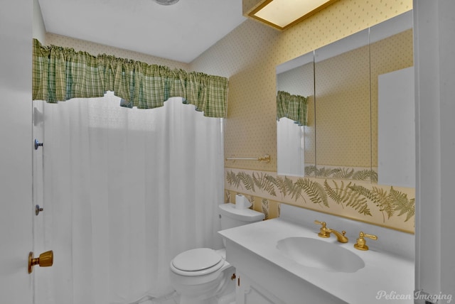 bathroom featuring vanity, a shower with shower curtain, and toilet