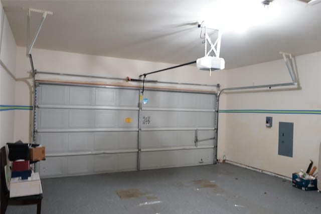 garage featuring electric panel and a garage door opener
