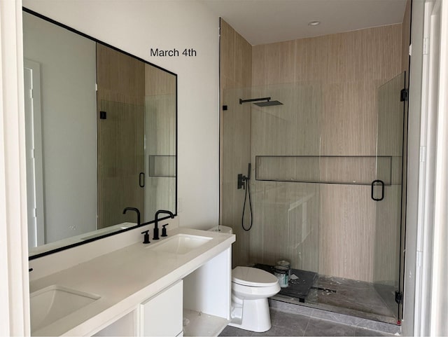 bathroom featuring a stall shower, toilet, and a sink