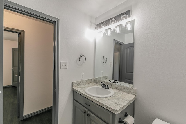 bathroom with wood finished floors and vanity