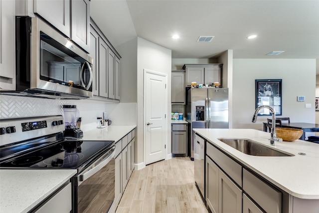 kitchen featuring sink, decorative backsplash, a center island with sink, and appliances with stainless steel finishes