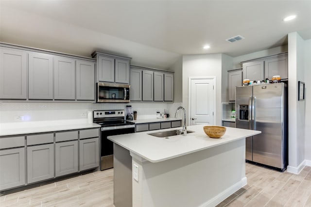 kitchen with stainless steel appliances, sink, a kitchen island with sink, and gray cabinets