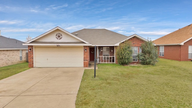 ranch-style home featuring a garage and a front lawn