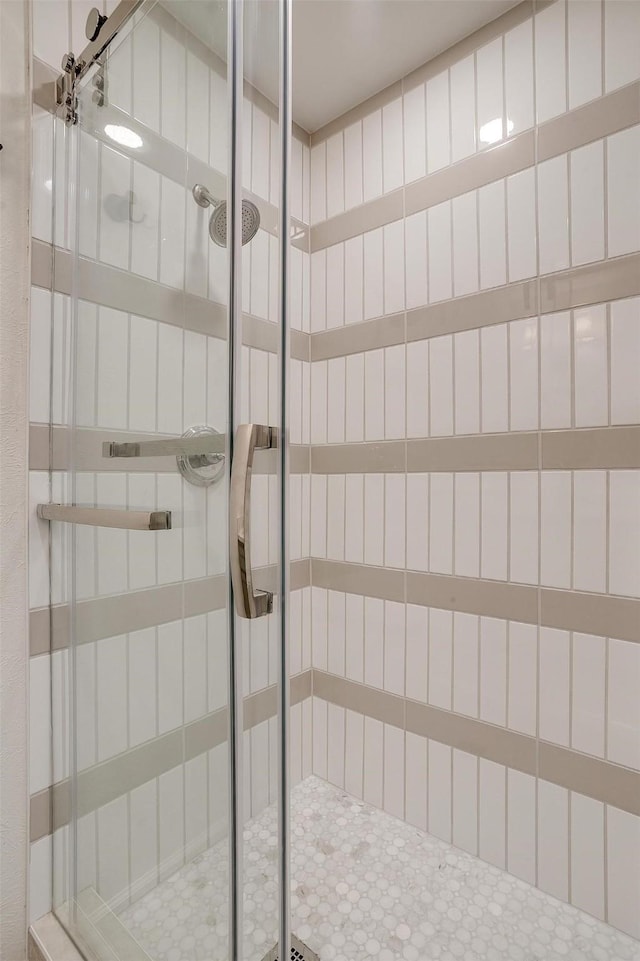 bathroom with a shower with shower door