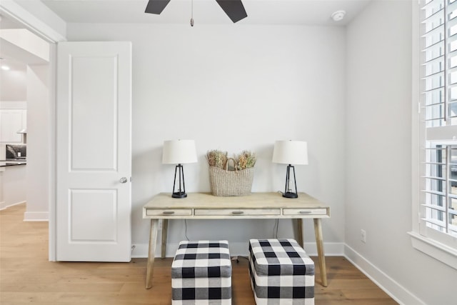 interior space featuring light hardwood / wood-style floors and ceiling fan