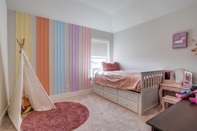 bedroom with light carpet