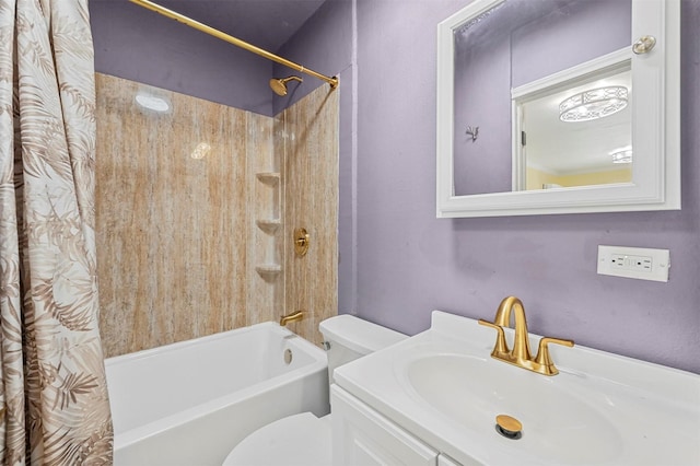 full bathroom with shower / bathtub combination with curtain, vanity, and toilet