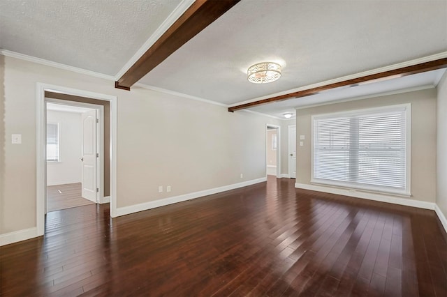 unfurnished living room featuring dark hardwood / wood-style flooring, crown molding, a healthy amount of sunlight, a textured ceiling, and beam ceiling