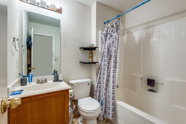 full bathroom with vanity, shower / bath combination with curtain, and toilet