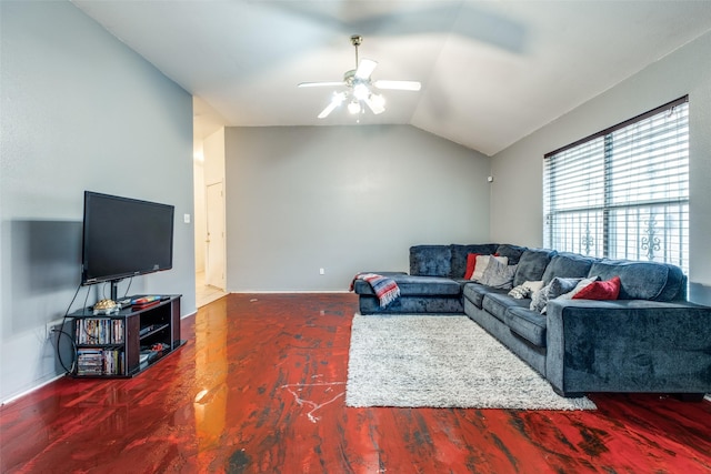 living room with lofted ceiling and ceiling fan