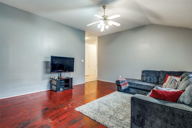 living room with ceiling fan and lofted ceiling