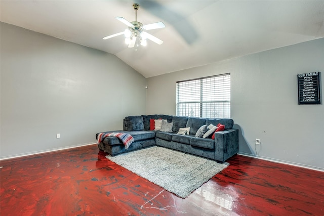 living room featuring lofted ceiling and ceiling fan