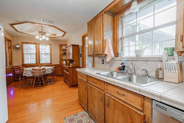 kitchen with sink, stainless steel dishwasher, tile counters, a healthy amount of sunlight, and light hardwood / wood-style floors