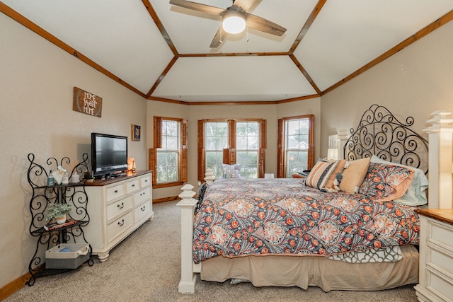 carpeted bedroom featuring vaulted ceiling and ceiling fan